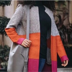 Max Studio Colorblock Wool-Blend Long Coat Cardigan Gray Red Magenta Size S